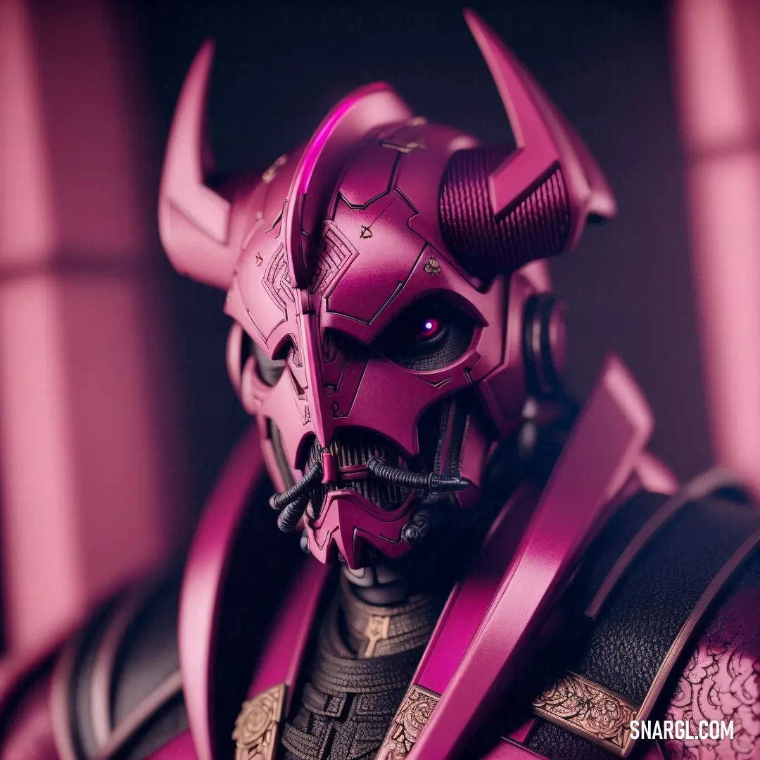 Close up of a person wearing a purple mask and armor with horns on their head and a pink background