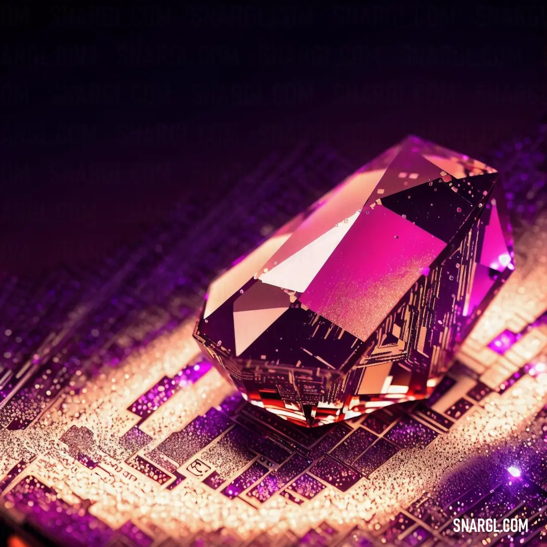 Diamond on a computer board with purple lights around it and a black background