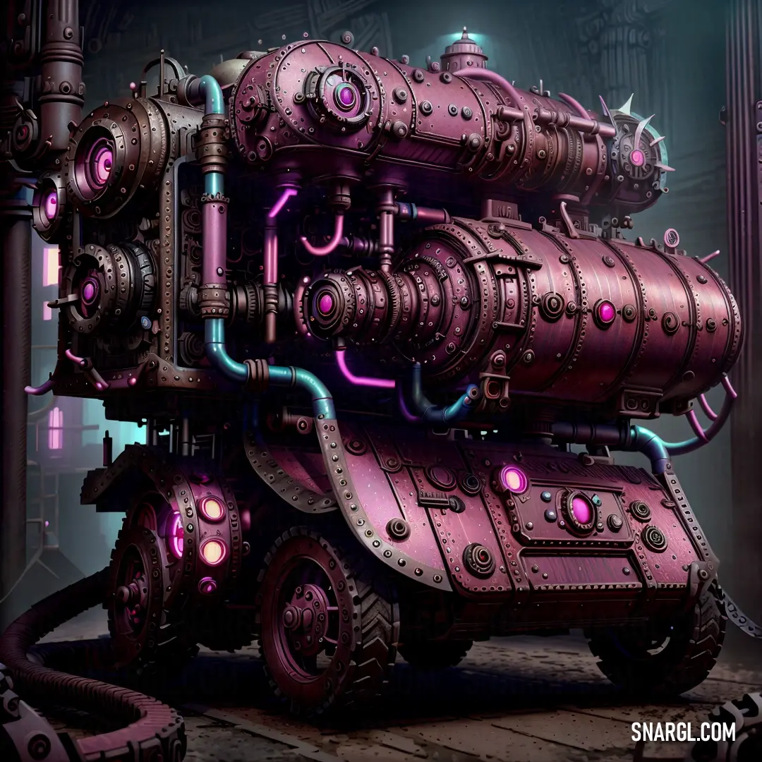 Large pink machine with a lot of pipes and gears on it's side