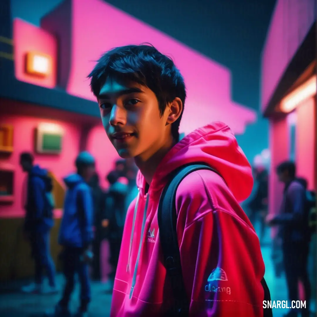 Man in a pink hoodie standing in front of a pink building with people standing around him and looking at the camera