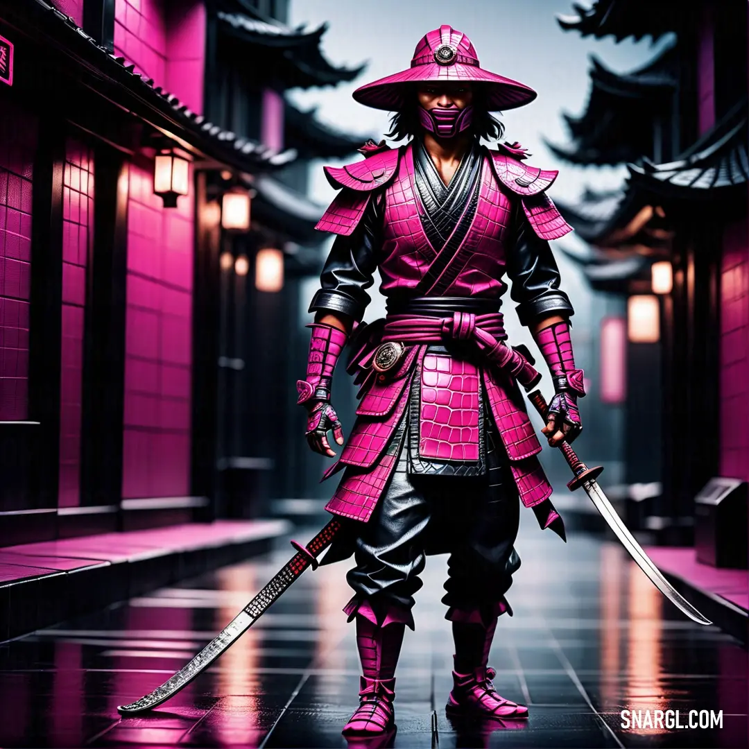 Man in a pink outfit holding two swords in a hallway with pink walls and lanterns on the ceiling. Color CMYK 0,92,42,0.