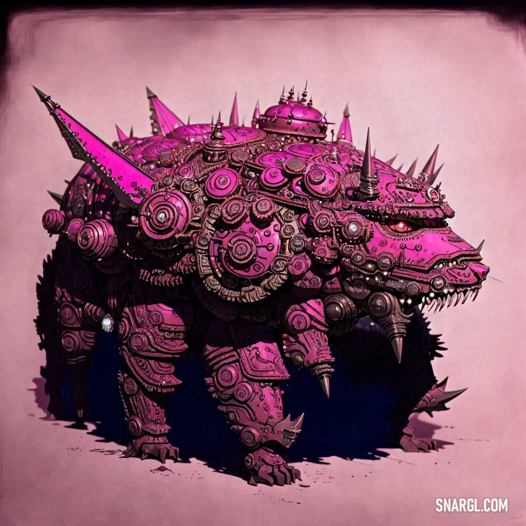 Pink and black picture of a monster with spikes on its head