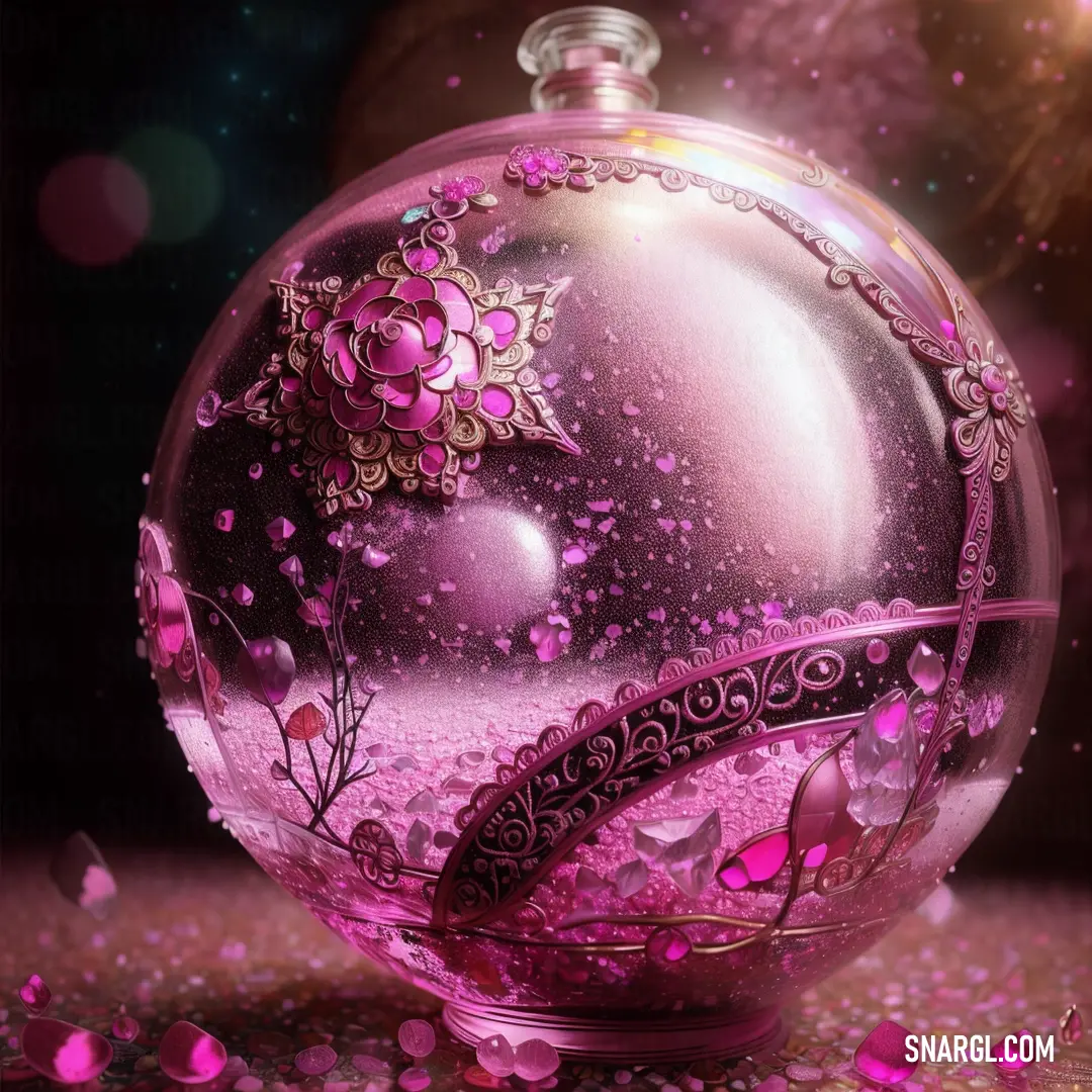 Pink glass ball with a flower on it on a table with pink petals and a black background with a pink and purple design