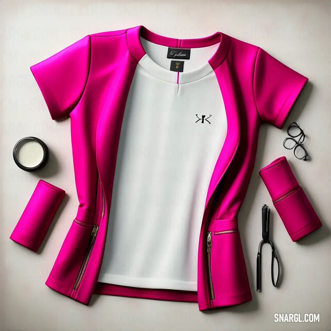Pink jacket and a pair of scissors and a pair of scissors on a white surface with a pink shirt