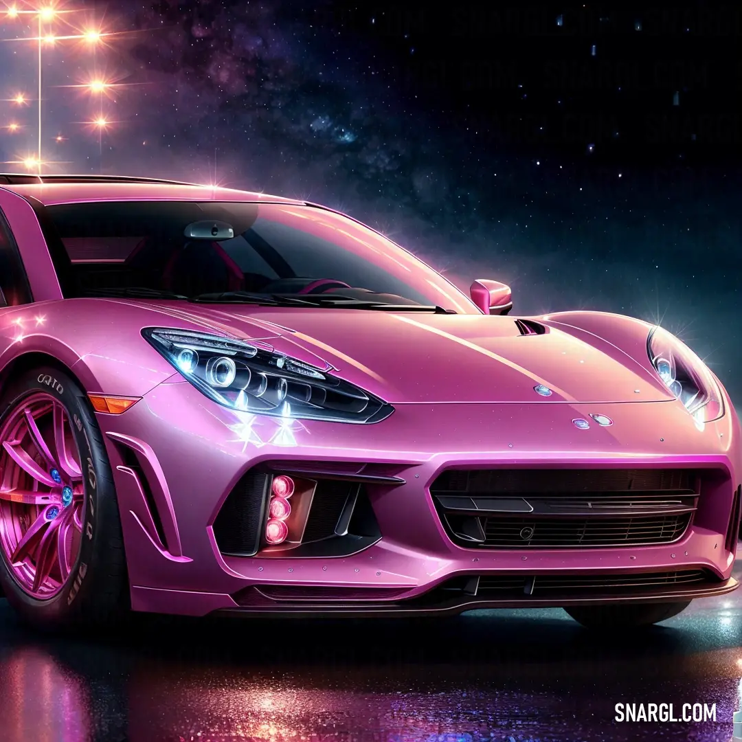 Pink sports car parked in a parking lot at night with stars in the background and a bright light