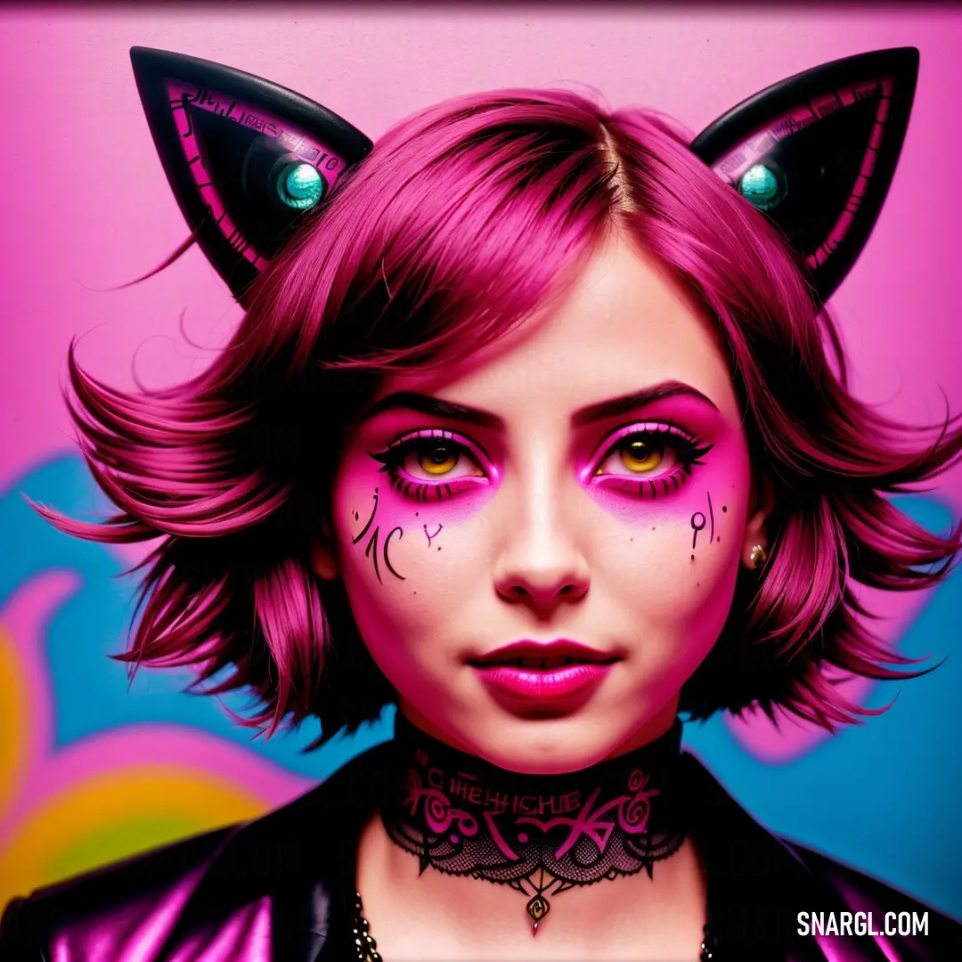 Woman with cat ears and pink makeup is wearing a cat costume and a choker necklace with green eyes. Color #FF1493.