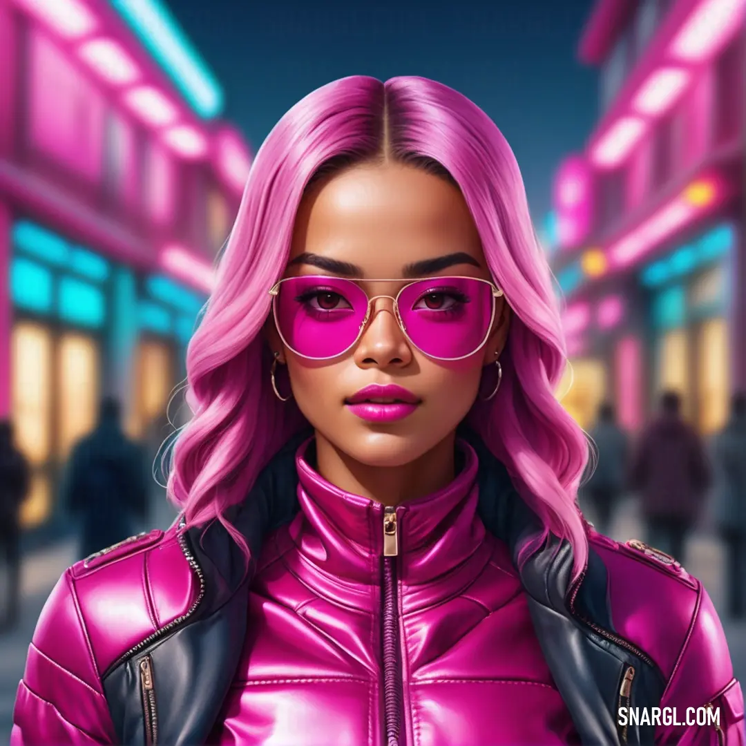 Woman with pink hair and sunglasses on a city street at night with neon lights