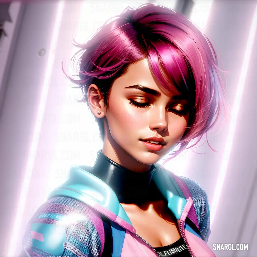 Woman with pink hair and a futuristic outfit looks at her cell phone in a futuristic setting with neon lights