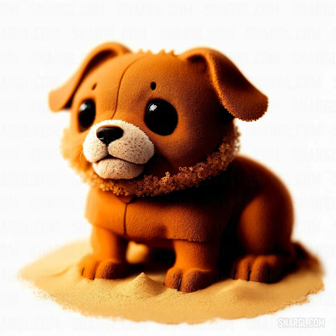 Brown dog toy on top of a sandy ground with a white background