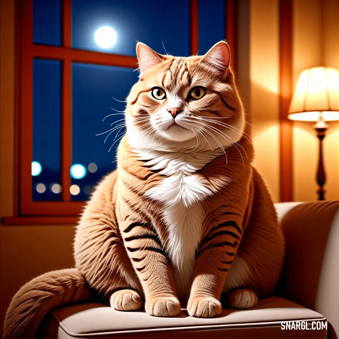 Cat on a chair in front of a window at night time with a lamp on the side. Example of Deep saffron color.