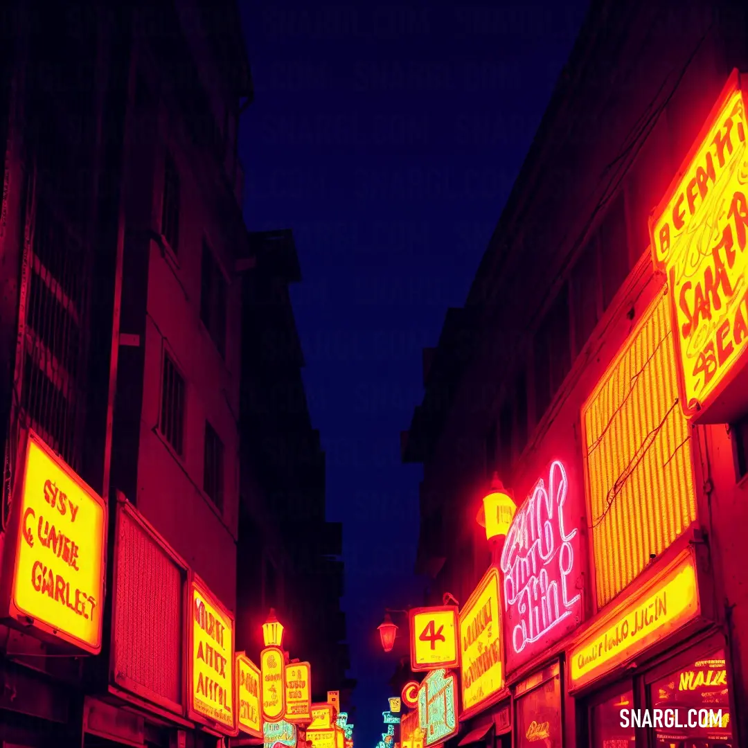 City street with neon signs and buildings at night time, with a dark sky in the background. Color RGB 255,153,51.