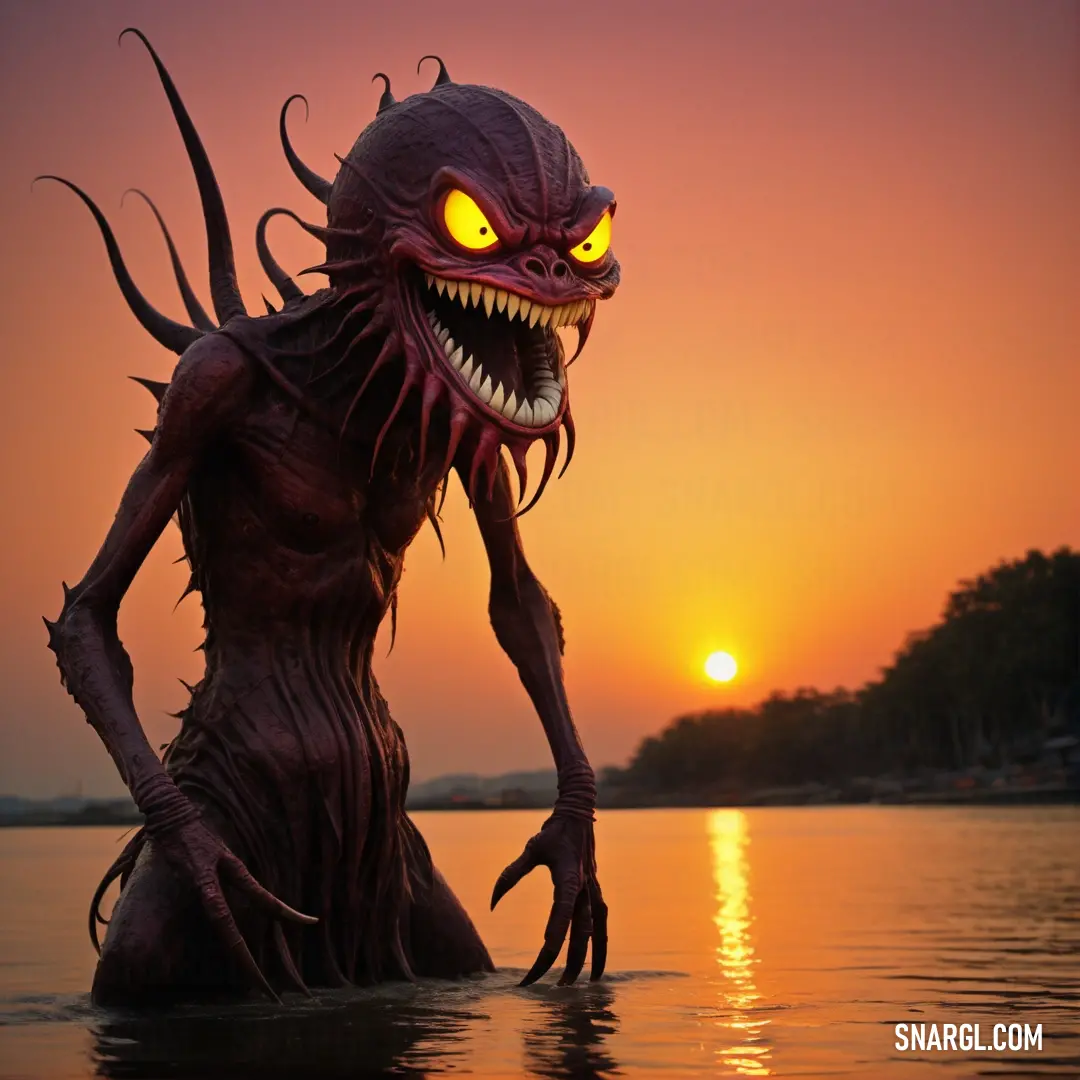 Creepy looking creature is in the water at sunset or dawn with glowing eyes and a glowing head and body
