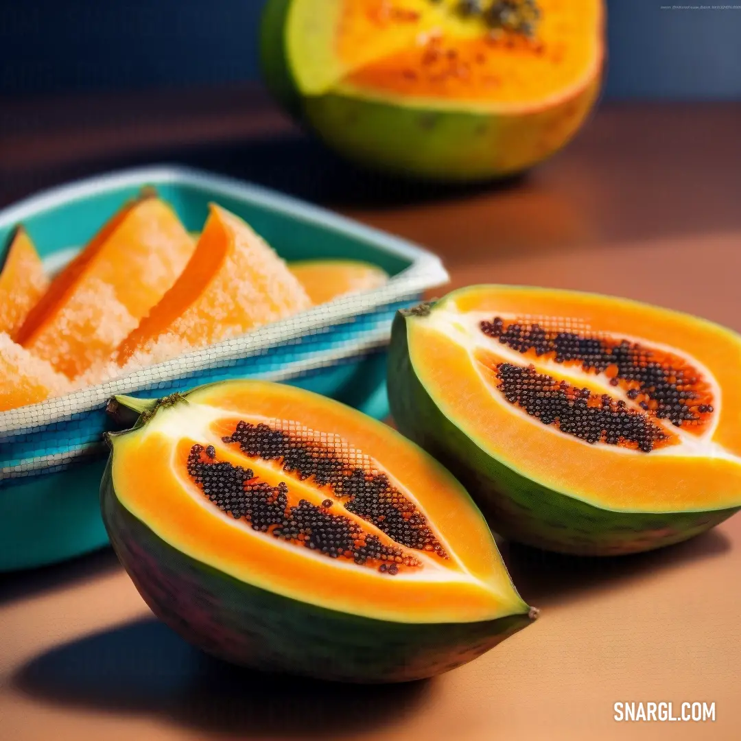 Couple of pieces of fruit on a table next to a bowl of fruit and a container of crackers. Example of CMYK 0,40,80,0 color.