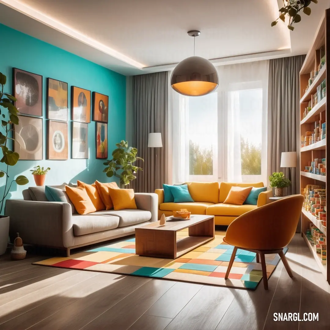 Deep saffron color. Living room with a couch, chair and a book shelf in it with a large window in the background