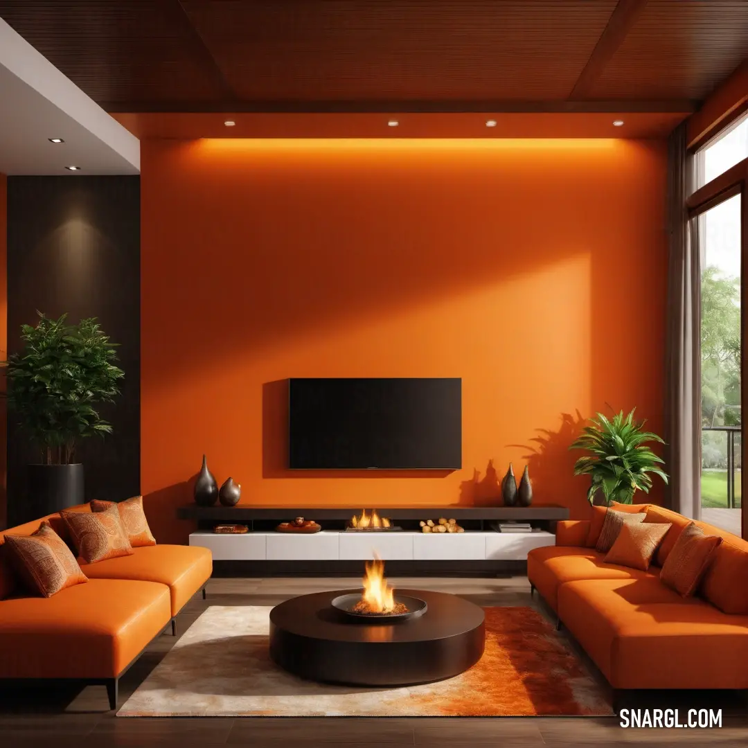 Deep saffron color example: Vase of orange flowers on a table in a living room with a couch and a chair in the background