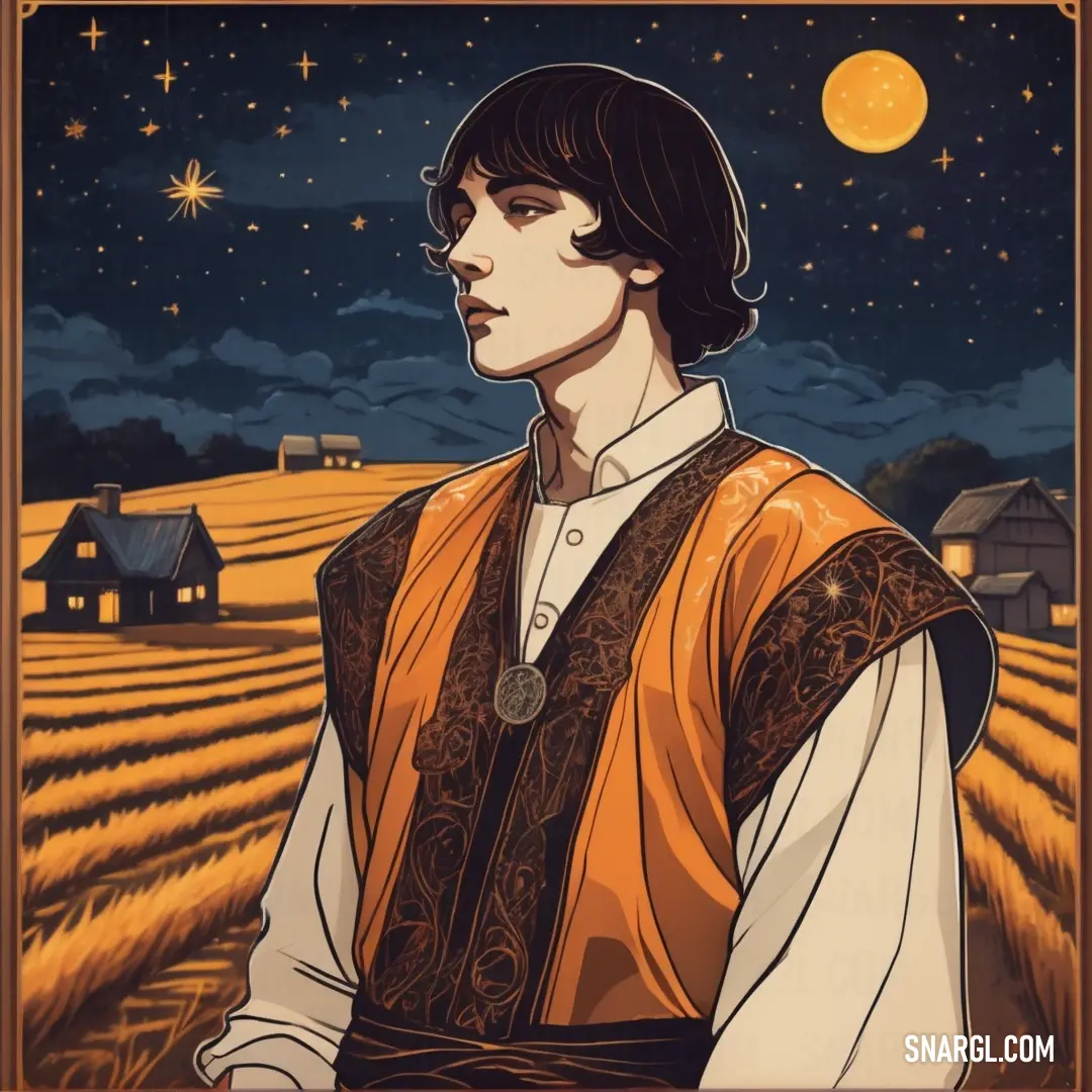 Man in a yellow vest standing in a field of wheat under a full moon and stars sky with a house in the background