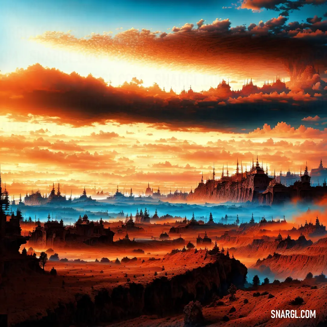 Painting of a sunset with a city in the distance and clouds in the sky above it