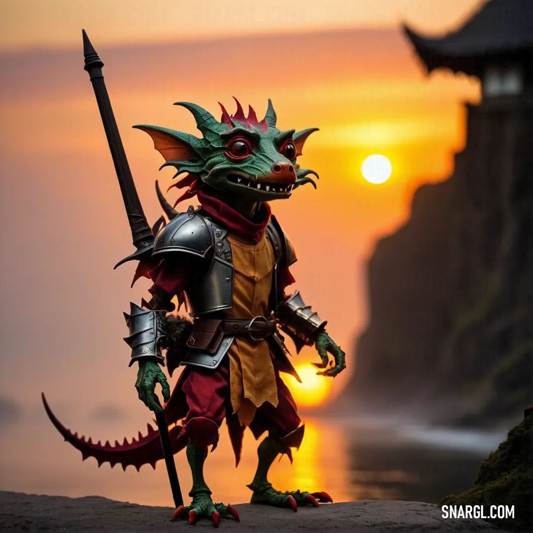 Statue of a dragon with a sword and armor on a cliff overlooking the ocean at sunset with a castle in the background