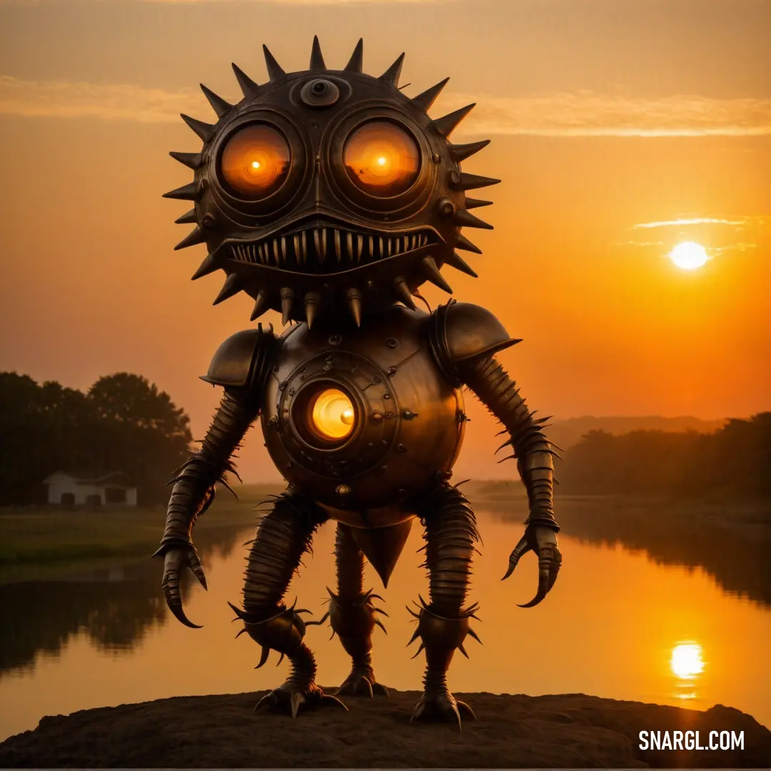 Strange looking robot standing on a rock near a lake at sunset with the sun in the background and a reflection of the sky