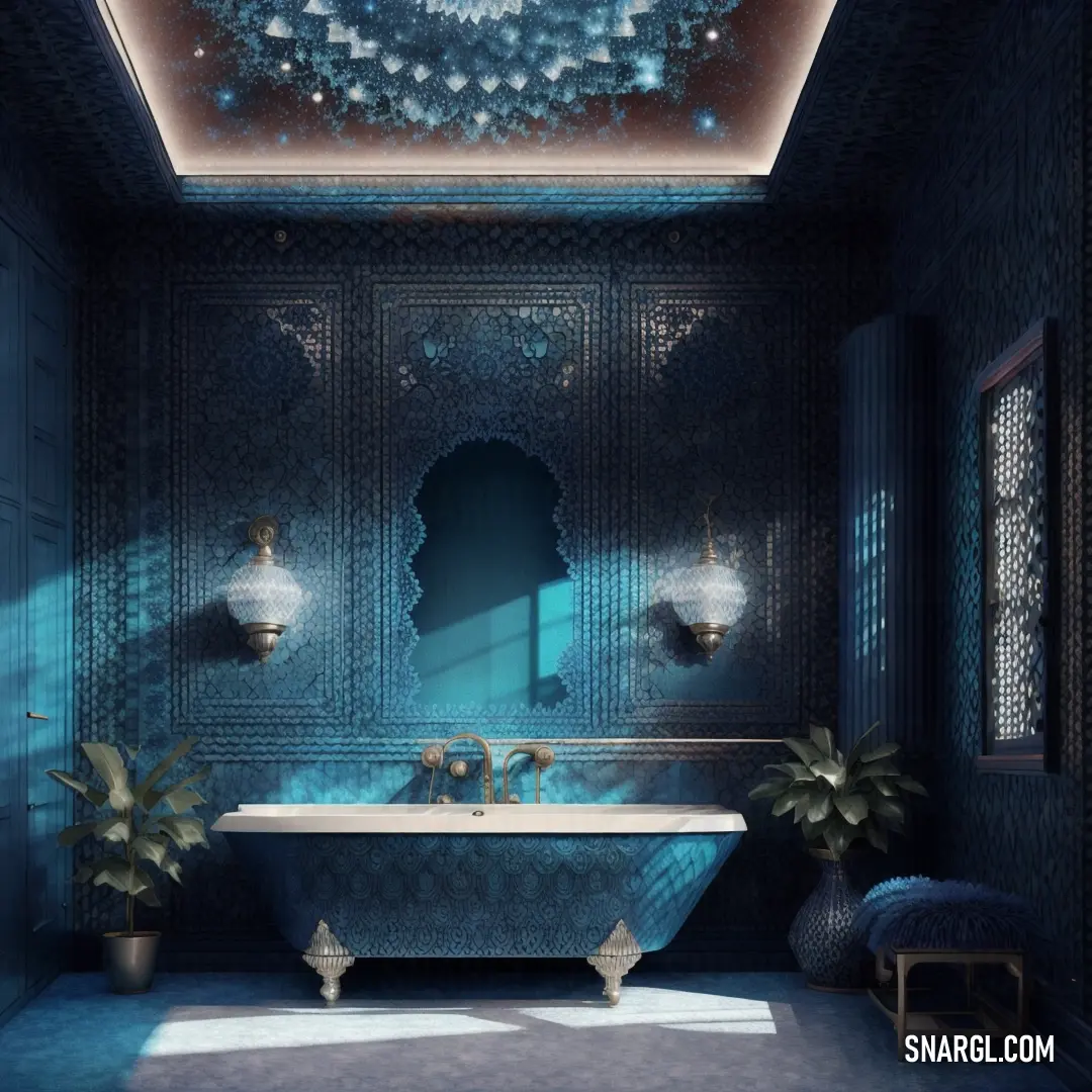 Bathroom with a blue bathtub and a mirror above it and a plant in the corner of the room. Example of Deep sky blue color.