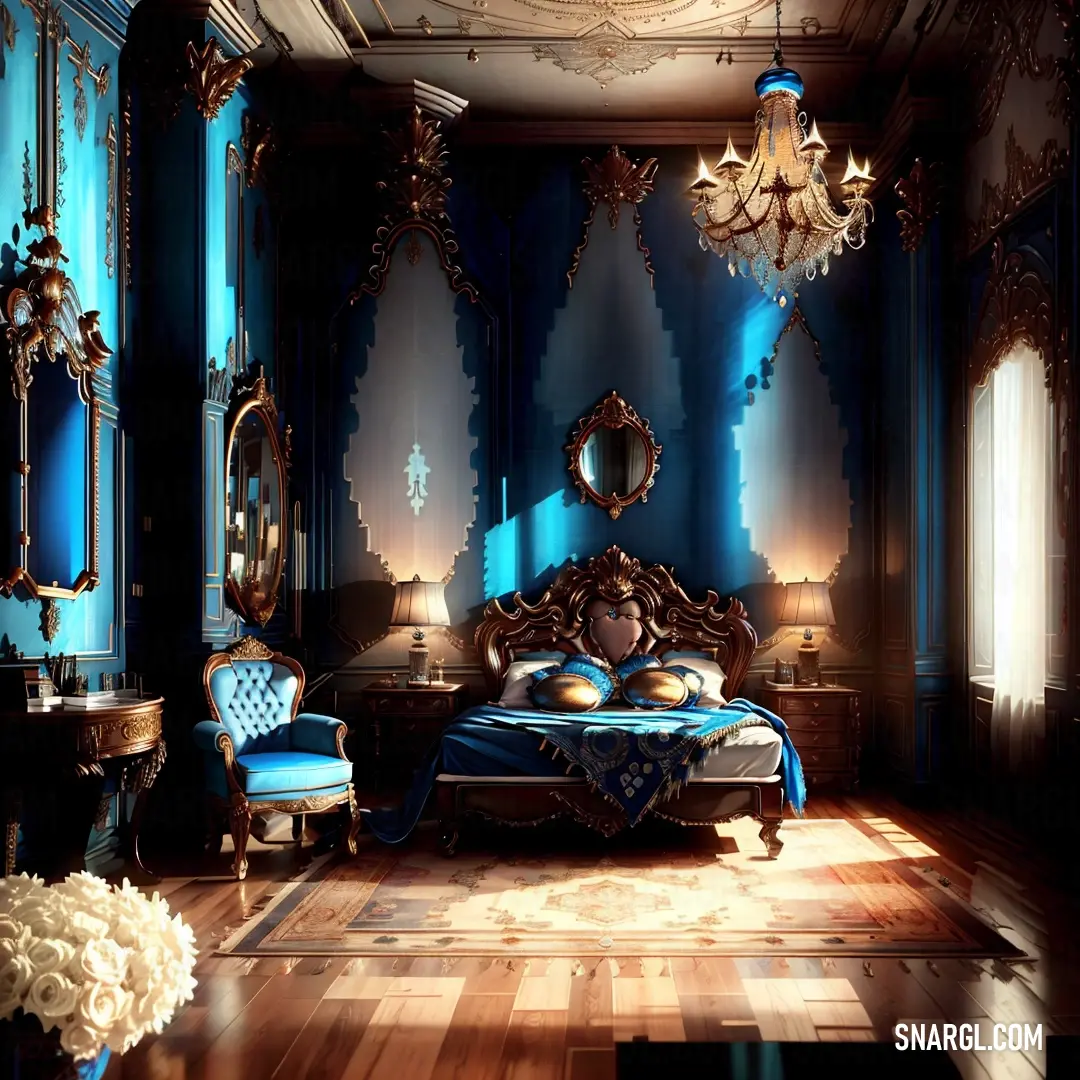 What color is #00BFFF? Example - Bedroom with a blue wall and a fancy bed and chairs and a chandelier hanging from the ceiling