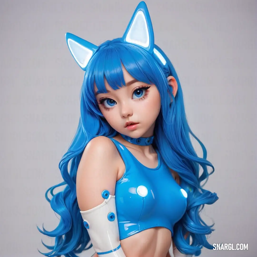 Deep sky blue color. Blue haired doll with long hair and a cat ears outfit on