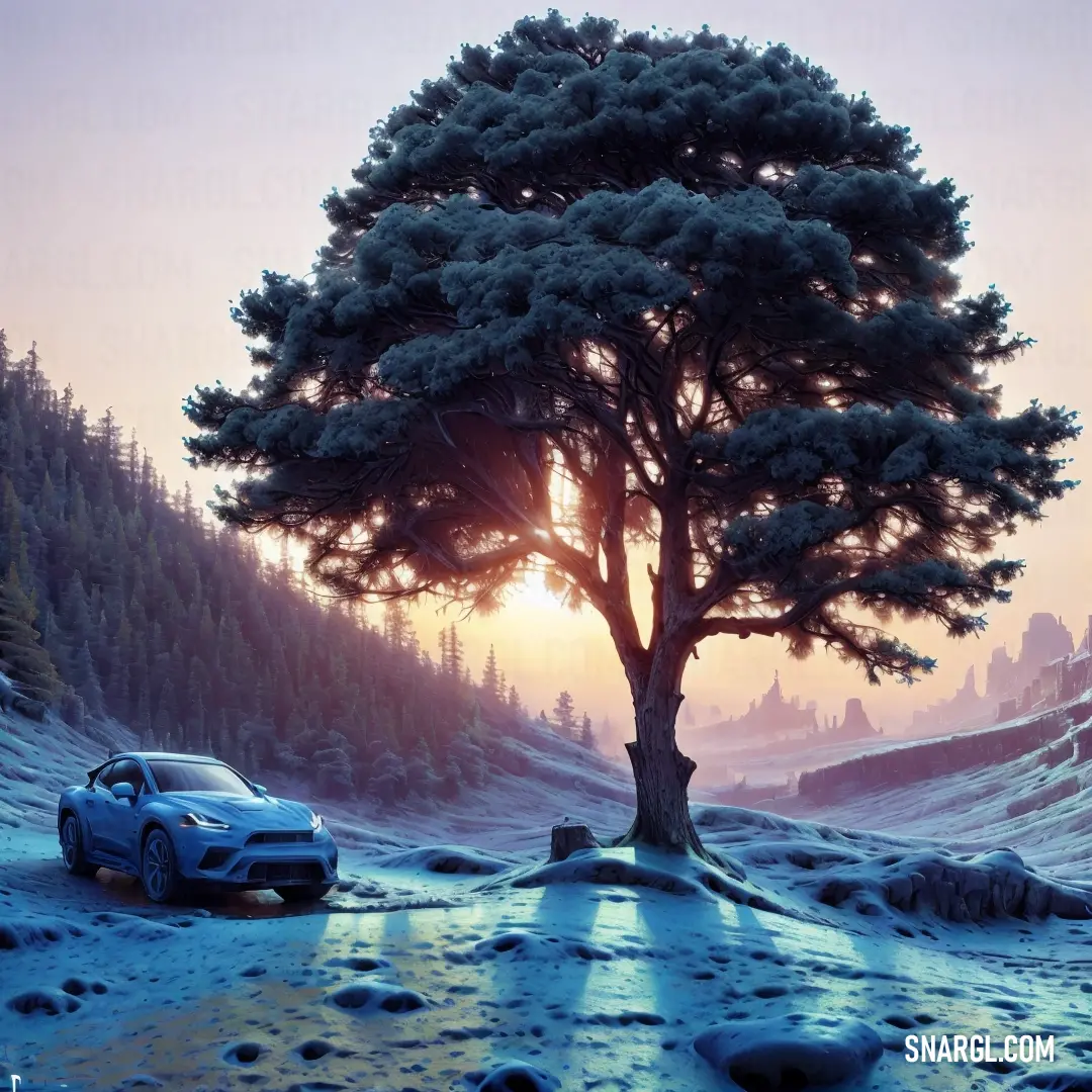 Car parked under a tree in the snow at sunset or dawn with the sun shining through the trees. Color RGB 0,191,255.