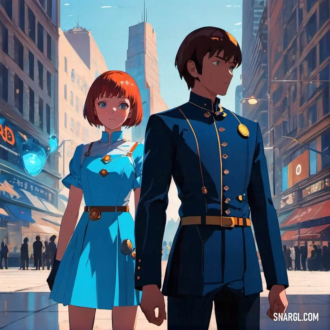 Man and a woman in uniform standing in a city street with buildings in the background. Color RGB 0,191,255.