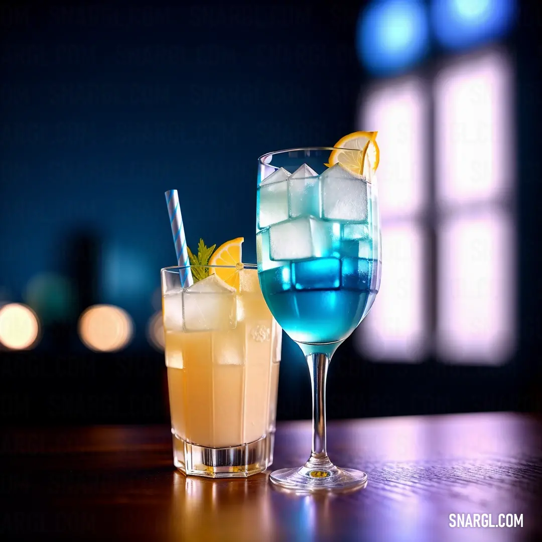 Two glasses of different colored drinks on a table with a window in the background. Color #00BFFF.