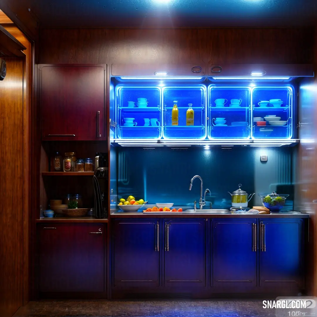 Kitchen with a blue light on the wall and a blue light on the cabinets above it and a sink below. Example of RGB 0,191,255 color.