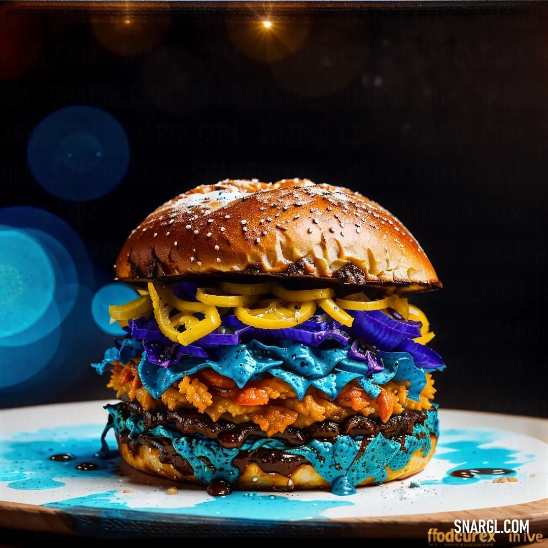 Large hamburger with a lot of colorful toppings on it's buns on a plate with a blue and white background. Example of Deep sky blue color.