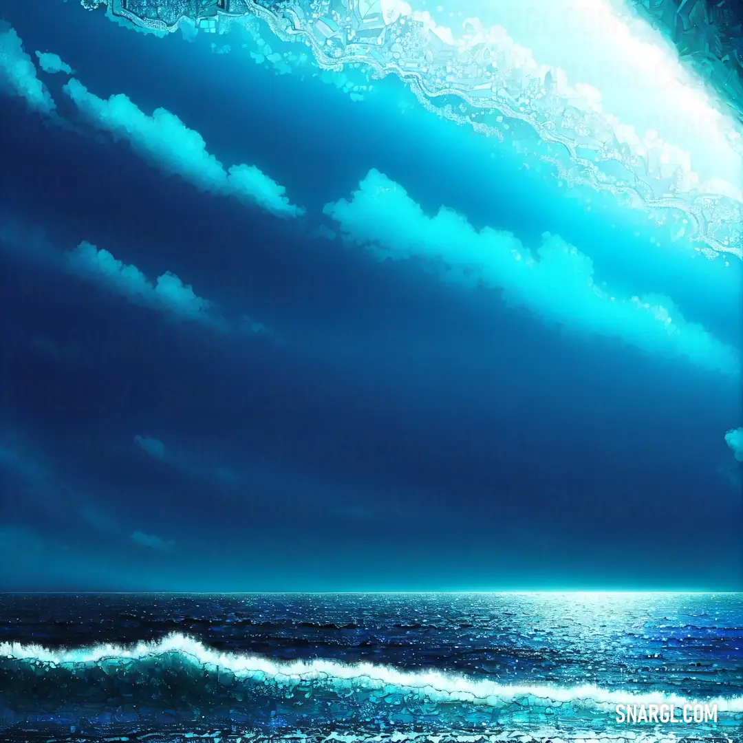 Painting of a blue ocean with clouds and waves in the sky and a blue sky with clouds and water. Color CMYK 100,25,0,0.