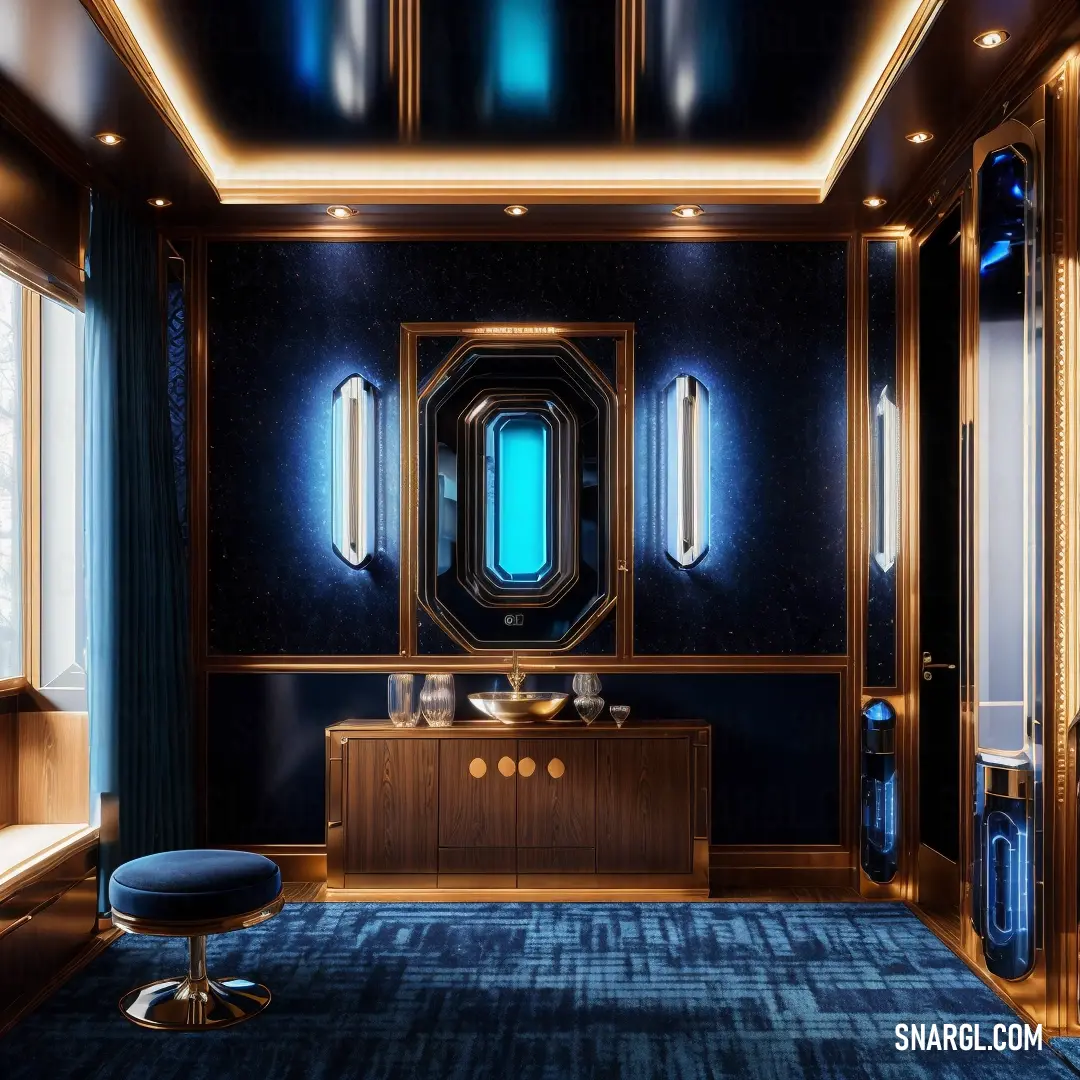 Room with a blue carpet and a mirror and a stool in it and a blue rug on the floor. Color Deep sky blue.