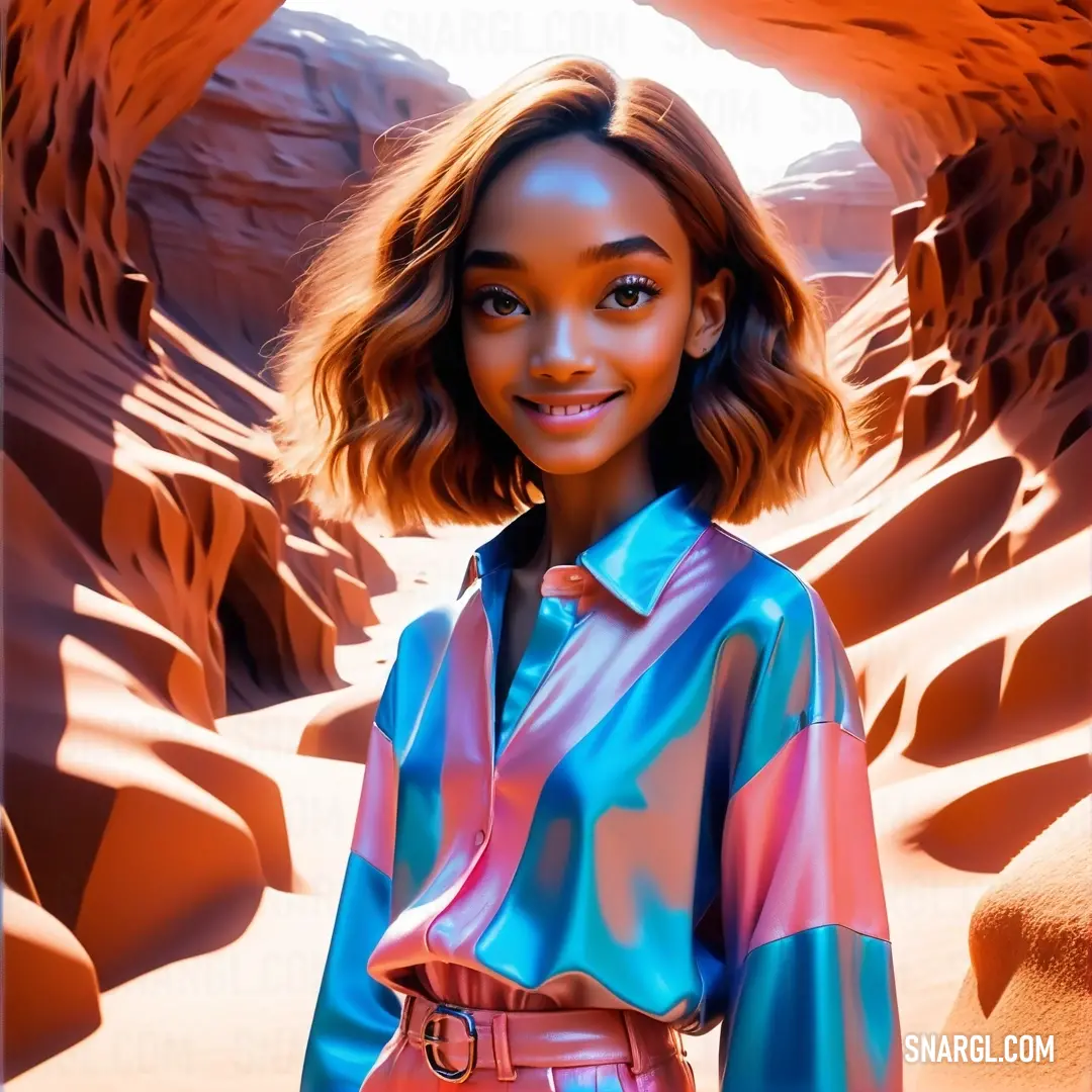 Woman in a colorful shirt and pink pants standing in a desert area with rocks. Color #00BFFF.
