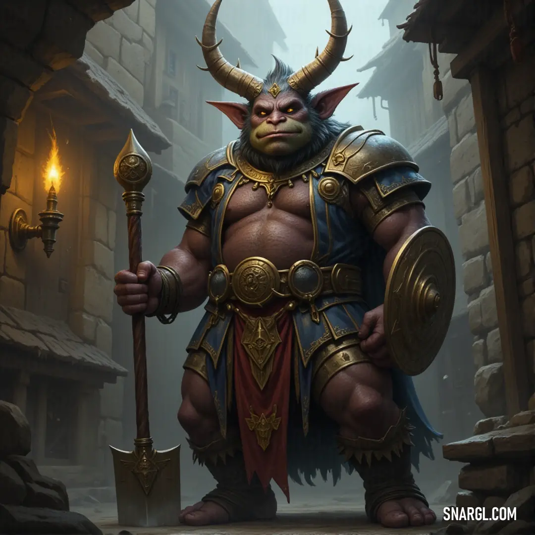 A formidable fantasy creature with a horned head and menacing horns, grips a magical staff in one hand while his glowing staff illuminates the dark surroundings. His imposing presence fills the scene with power and mystery.
