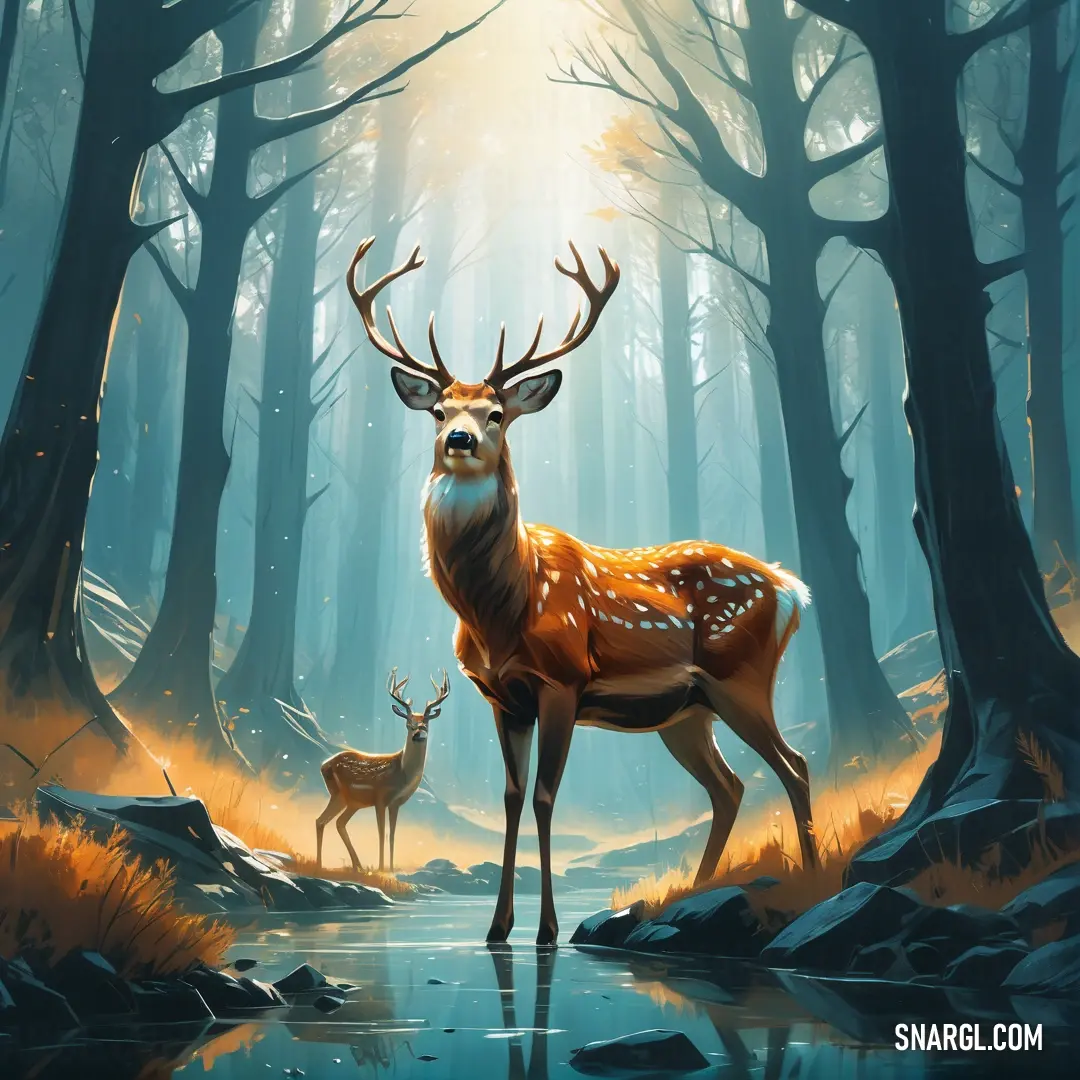 Deer and a deer are standing in the woods by a stream of water and trees with bright sunlight shining through the trees