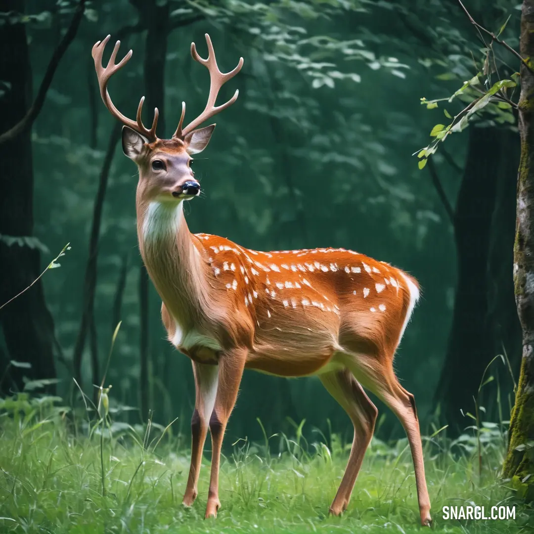 Deer standing in a forest with tall grass and trees in the background
