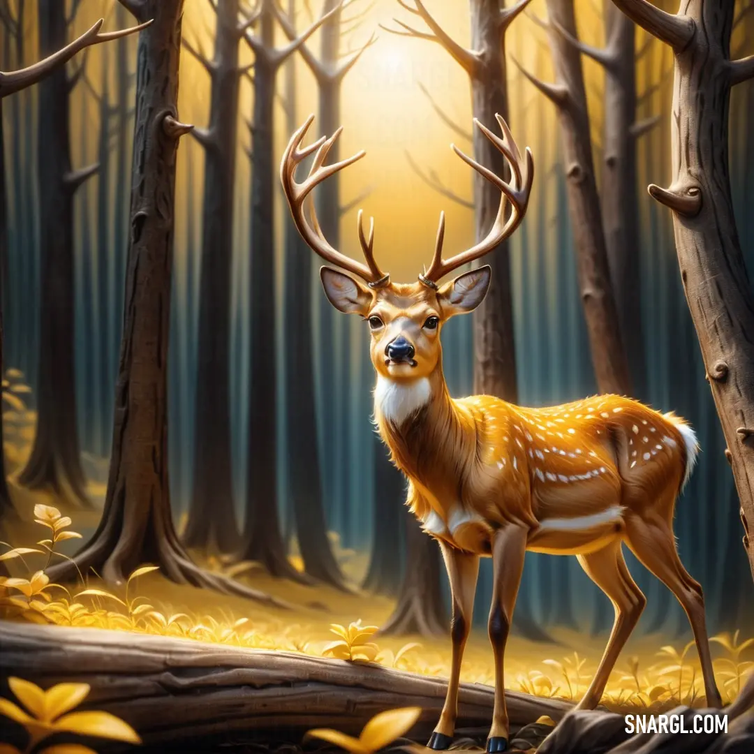 Deer standing in a forest with trees and leaves around it