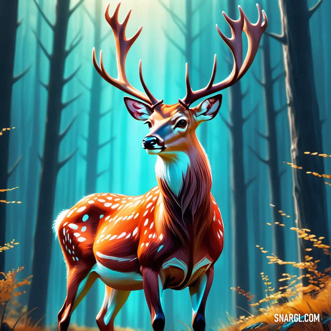 Deer standing in a forest with tall trees and grass on the ground