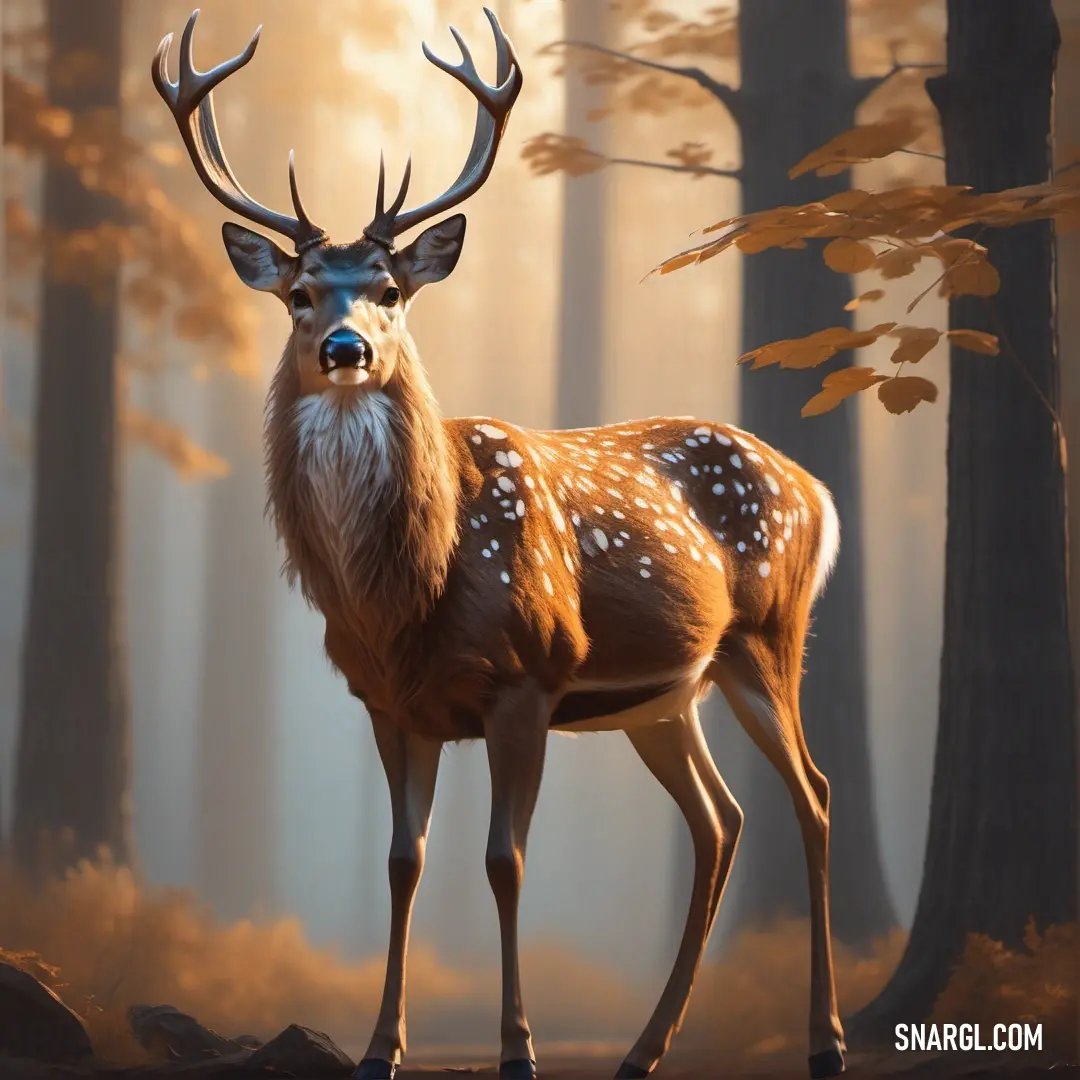 Deer standing in a forest with trees and leaves in the background