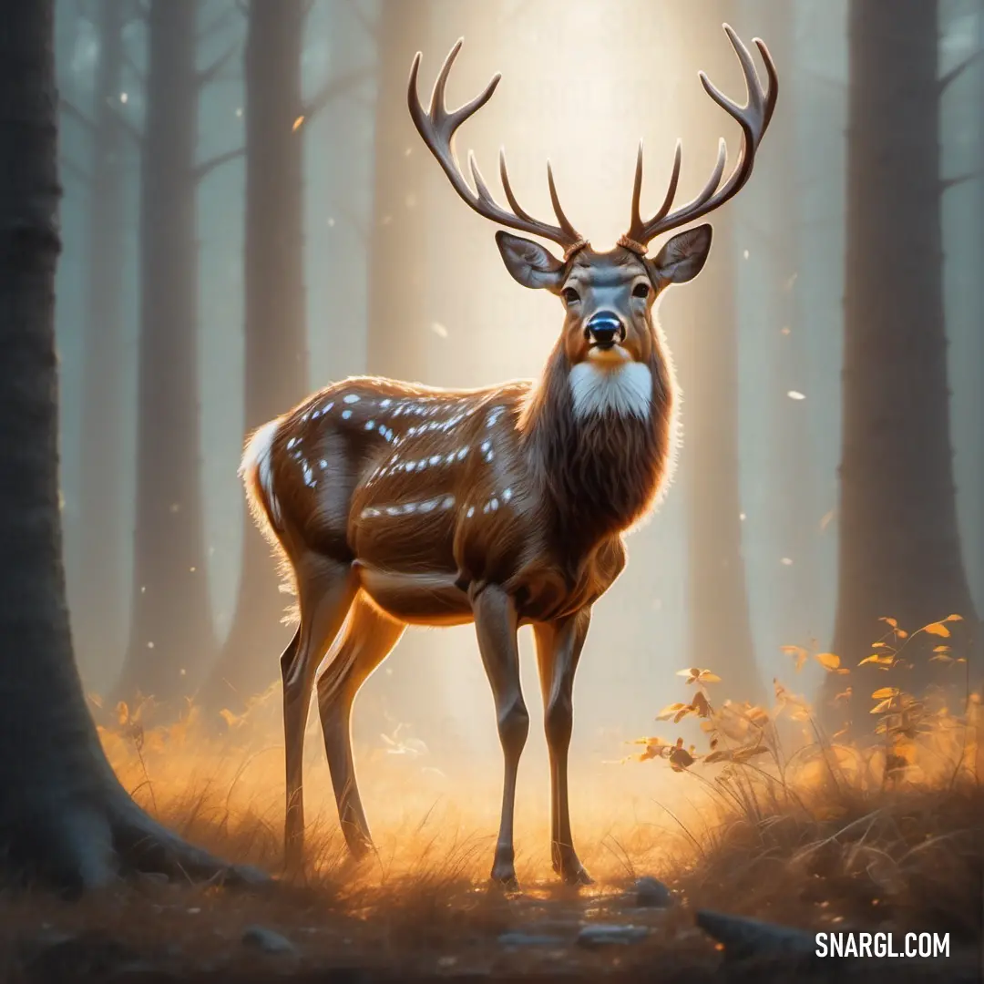 Deer standing in a forest with a light shining through the trees behind it and a sunbeam in the background