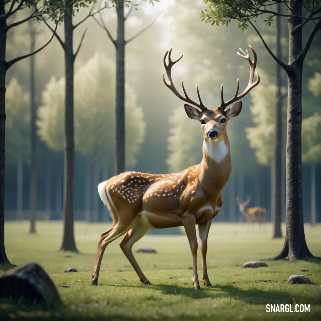 Deer standing in a forest with trees and rocks in the background