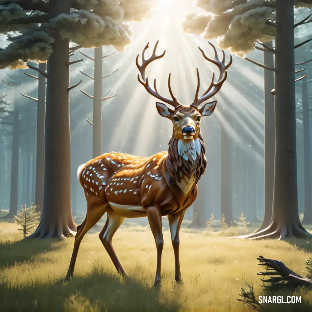 Deer standing in a forest with sun shining through the trees behind it and a sunbeam in the background