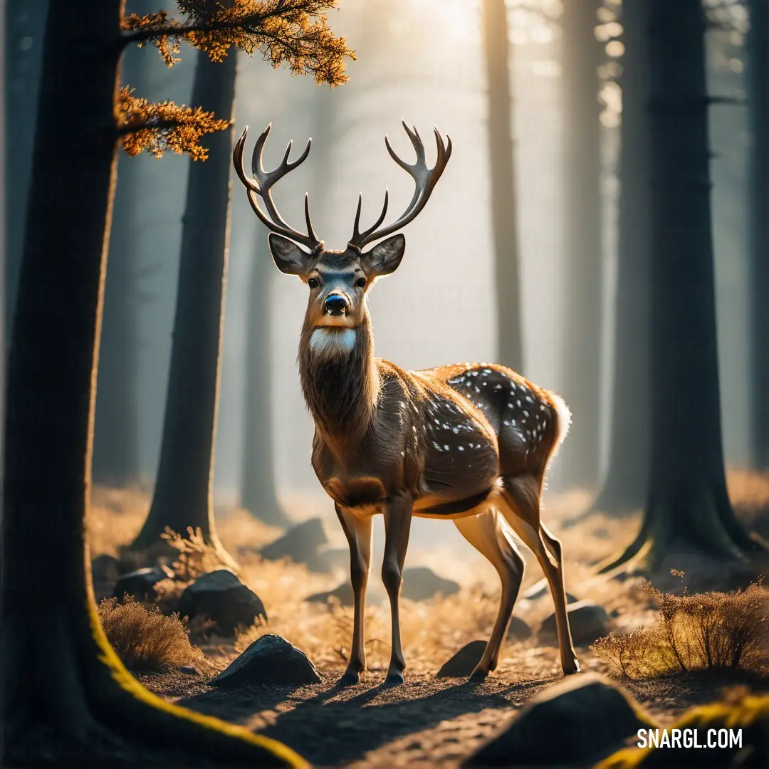 Deer standing in the middle of a forest with trees and rocks in the background