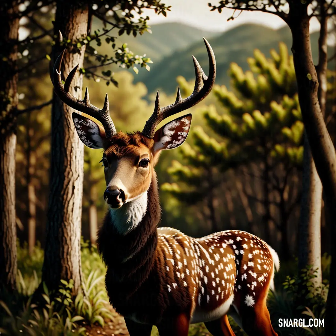 Deer with antlers standing in a forest with trees and bushes in the background