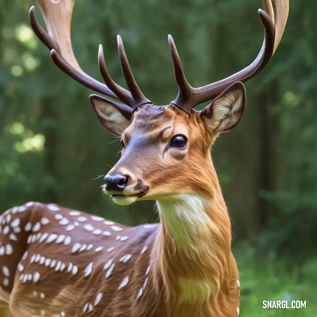 Deer with large antlers standing in a forest area with trees in the background