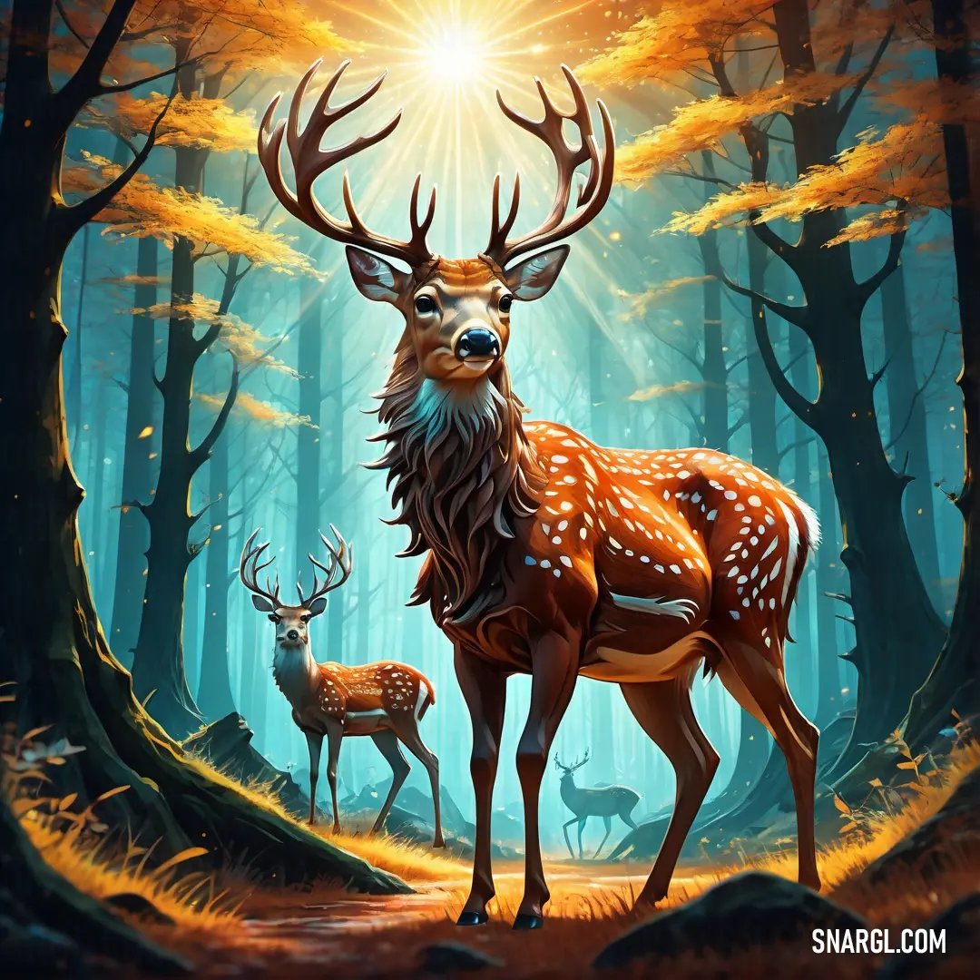 Painting of a deer and a doe in a forest with a sun shining through the trees and leaves