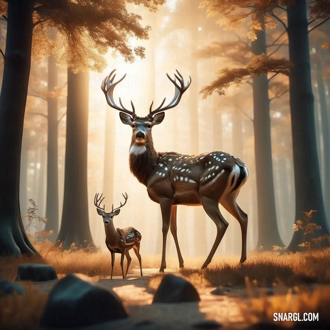 Two deer standing in a forest with a sun shining through the trees behind them and a baby deer standing in the foreground