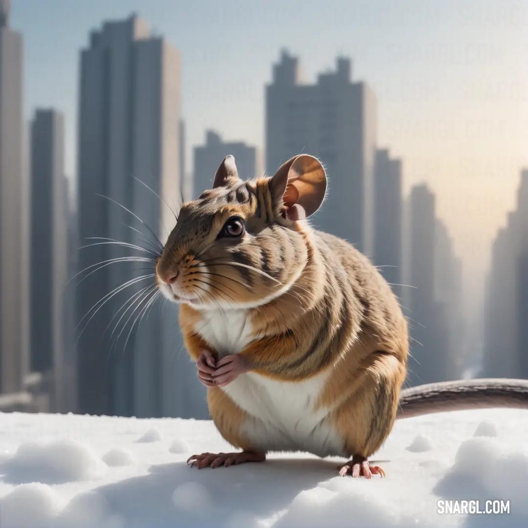 Brown and white mouse standing on top of snow covered ground next to a city skyline with skyscrapers