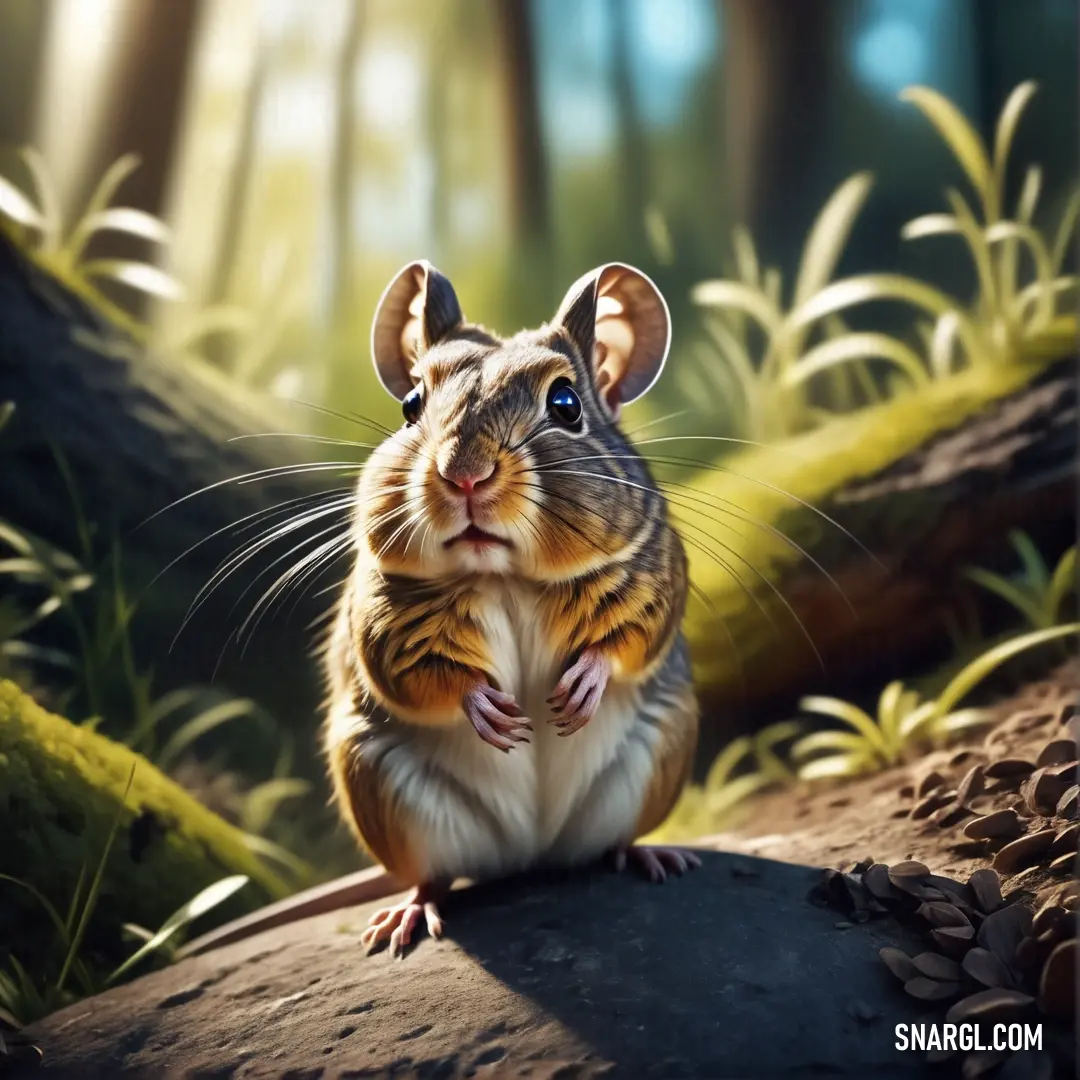 Mouse on a rock in a forest with a sunbeam in the background